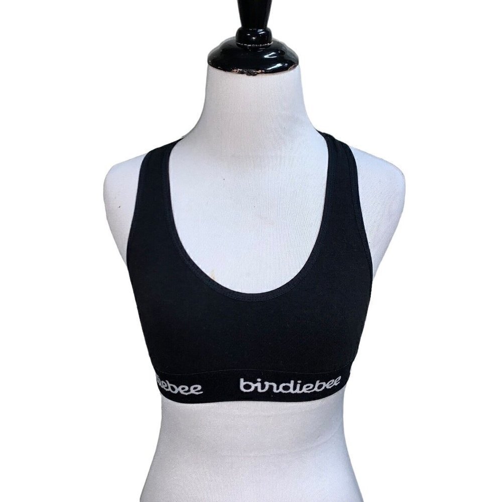 Birdiebee Women's Sports Bra Size XS Logo Cotton Black Racerback Wirefree